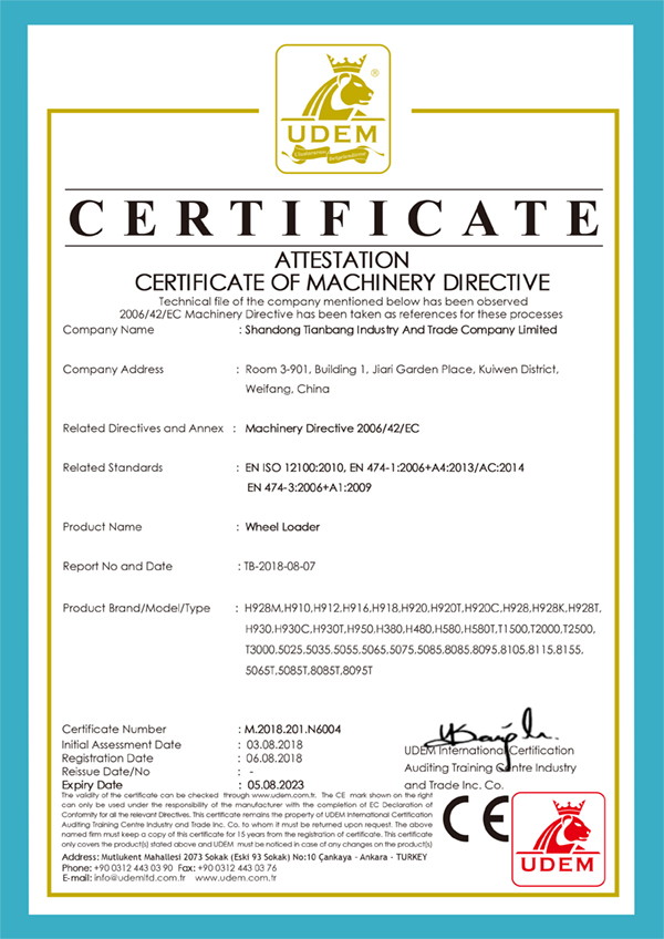 FORLOAD wheel loader CE certificate